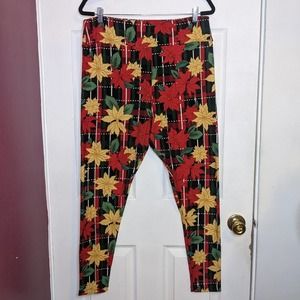 Lularoe Red & Gold Poinsettias Red & Green Plaid Christmas Holiday Leggings TC2